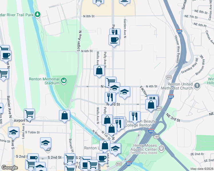 map of restaurants, bars, coffee shops, grocery stores, and more near 401 Pelly Avenue North in Renton