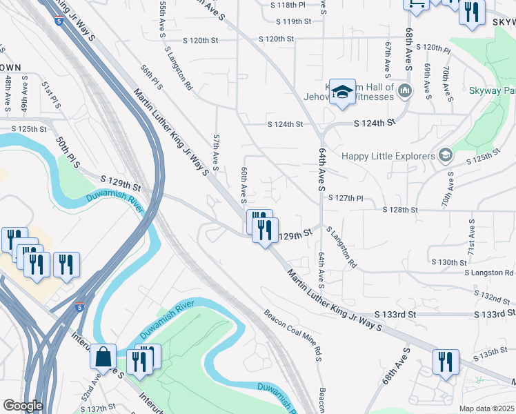 map of restaurants, bars, coffee shops, grocery stores, and more near 12806 60th Lane South in Seattle
