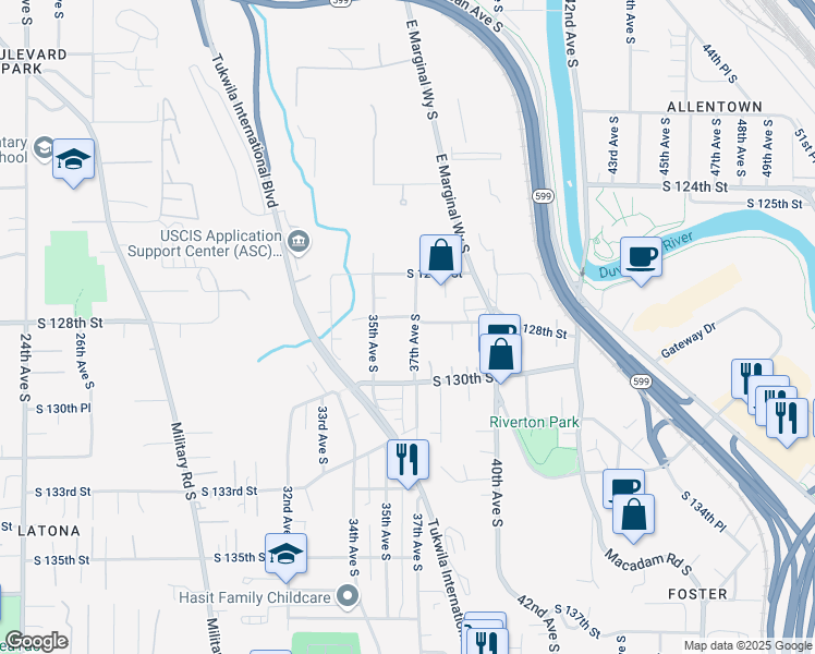 map of restaurants, bars, coffee shops, grocery stores, and more near 3519 South 128th Street in Tukwila
