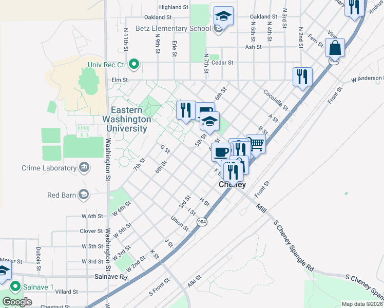 map of restaurants, bars, coffee shops, grocery stores, and more near 323 5th Street in Cheney