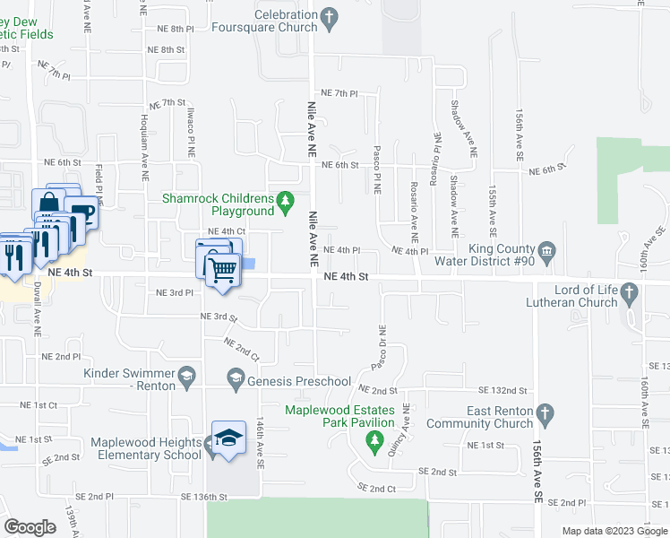 map of restaurants, bars, coffee shops, grocery stores, and more near 402 Nile Place Northeast in Renton