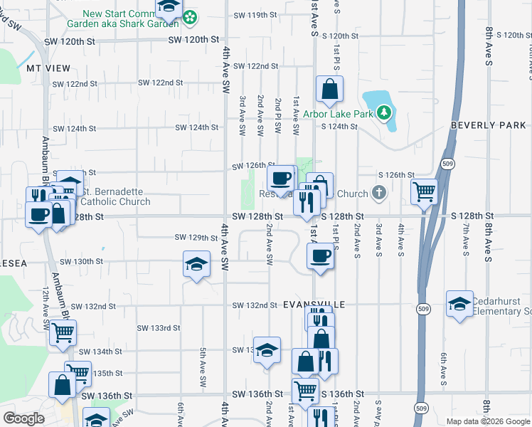 map of restaurants, bars, coffee shops, grocery stores, and more near 308 Southwest 128th Street in Burien