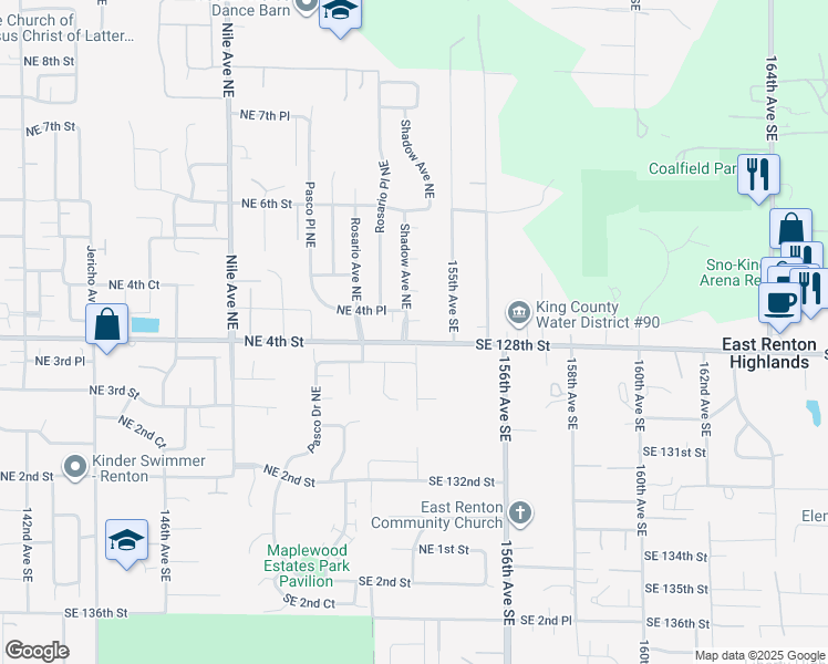 map of restaurants, bars, coffee shops, grocery stores, and more near 6203 Northeast 4th Circle in Renton