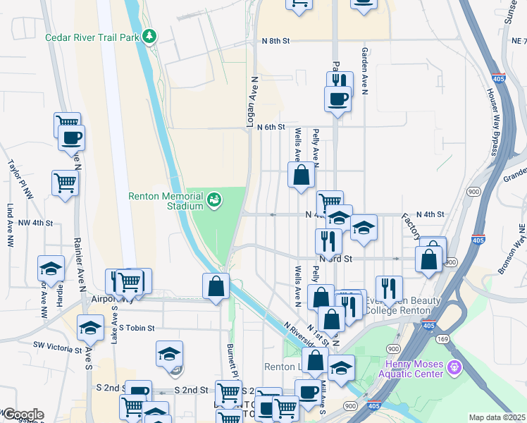 map of restaurants, bars, coffee shops, grocery stores, and more near 708 North 4th Street in Renton