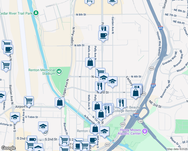 map of restaurants, bars, coffee shops, grocery stores, and more near 401 Pelly Avenue North in Renton