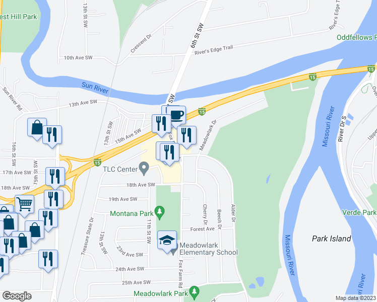 map of restaurants, bars, coffee shops, grocery stores, and more near 1709 Alder Drive in Great Falls