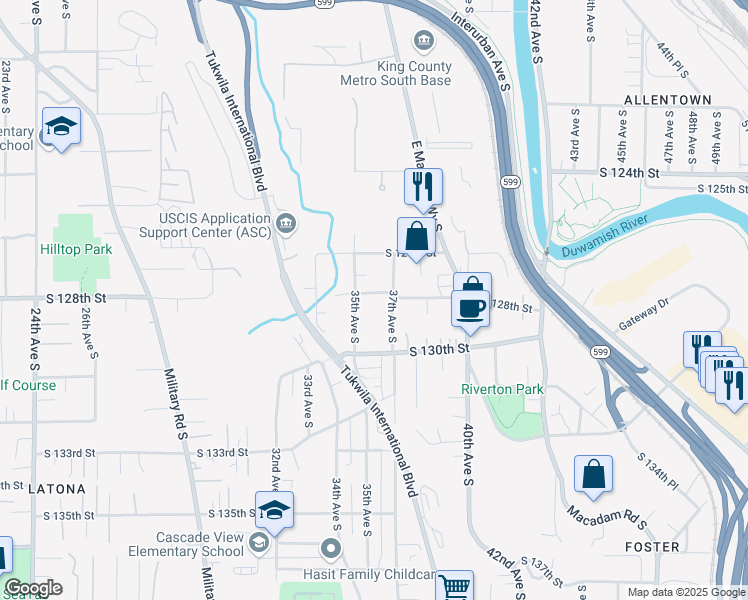 map of restaurants, bars, coffee shops, grocery stores, and more near 3519 South 128th Street in Tukwila