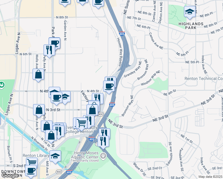 map of restaurants, bars, coffee shops, grocery stores, and more near 404 Sunset Boulevard North in Renton