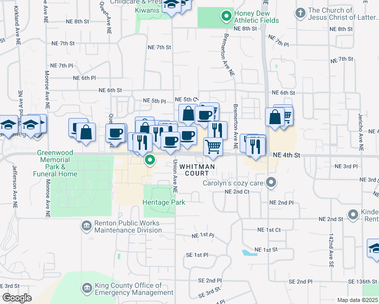 map of restaurants, bars, coffee shops, grocery stores, and more near 4126 Northeast 4th Street in Renton