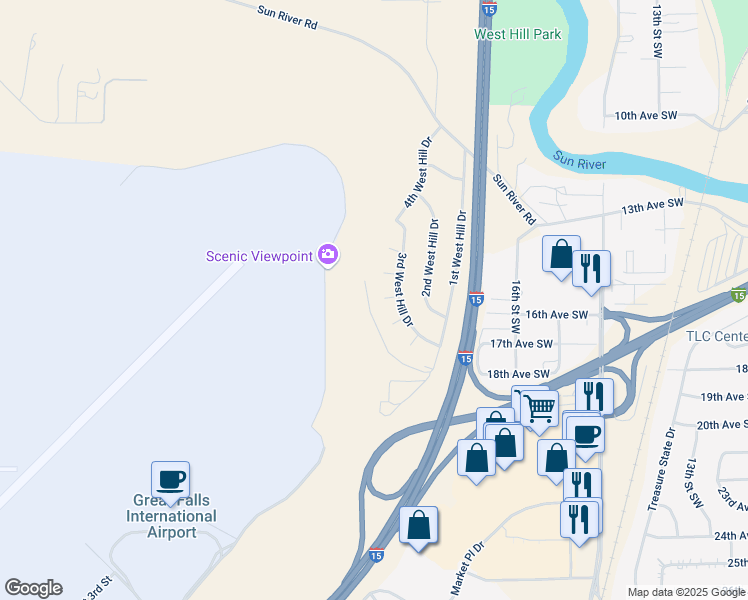map of restaurants, bars, coffee shops, grocery stores, and more near 1508 3rd West Hill Drive in Great Falls
