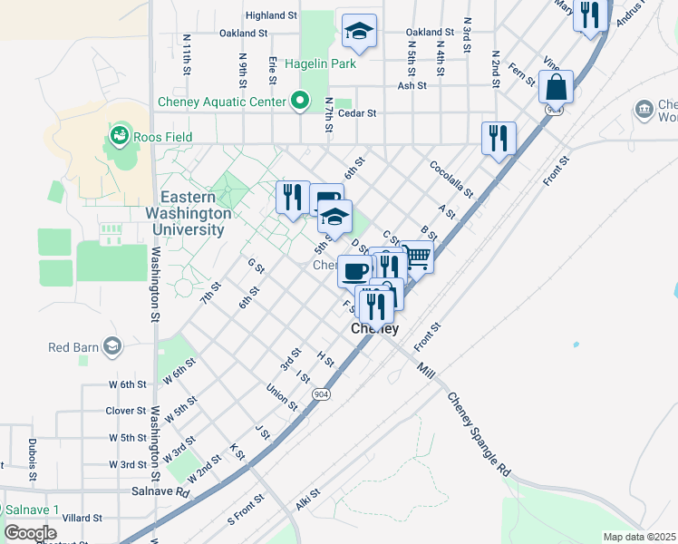 map of restaurants, bars, coffee shops, grocery stores, and more near 306 College Avenue in Cheney