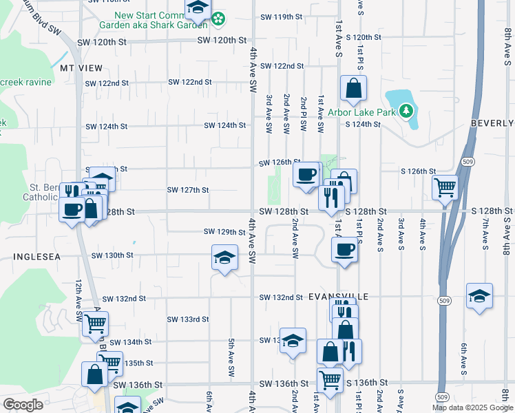 map of restaurants, bars, coffee shops, grocery stores, and more near 328 Southwest 128th Street in Seattle