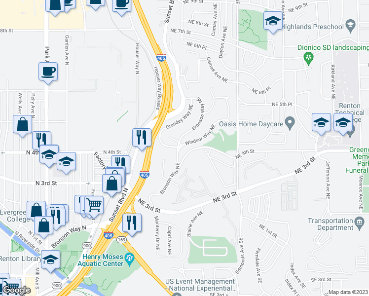 map of restaurants, bars, coffee shops, grocery stores, and more near 408 Windsor Way Northeast in Renton