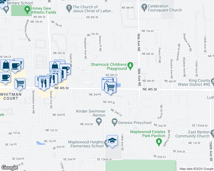 map of restaurants, bars, coffee shops, grocery stores, and more near 5308 Northeast 4th Street in Renton
