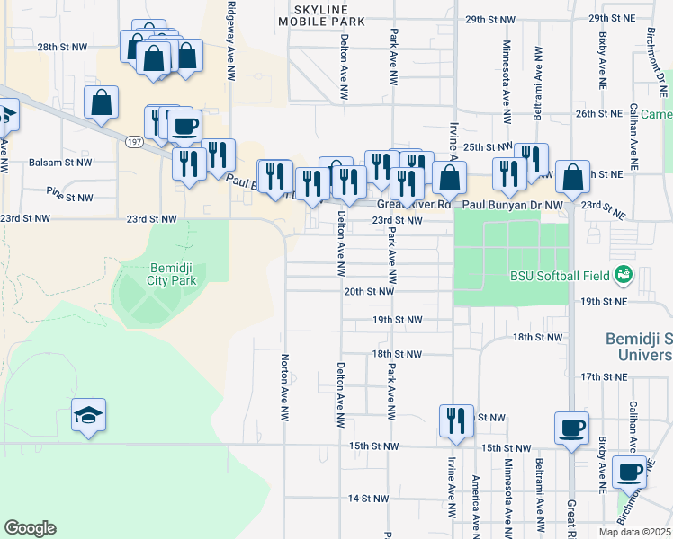 map of restaurants, bars, coffee shops, grocery stores, and more near 802 21st Street Northwest in Bemidji