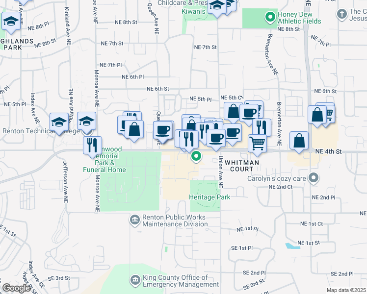 map of restaurants, bars, coffee shops, grocery stores, and more near 3805 Northeast 4th Street in Renton