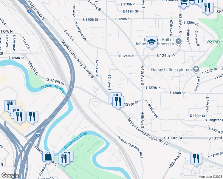 map of restaurants, bars, coffee shops, grocery stores, and more near 12806 60th Lane South in Seattle