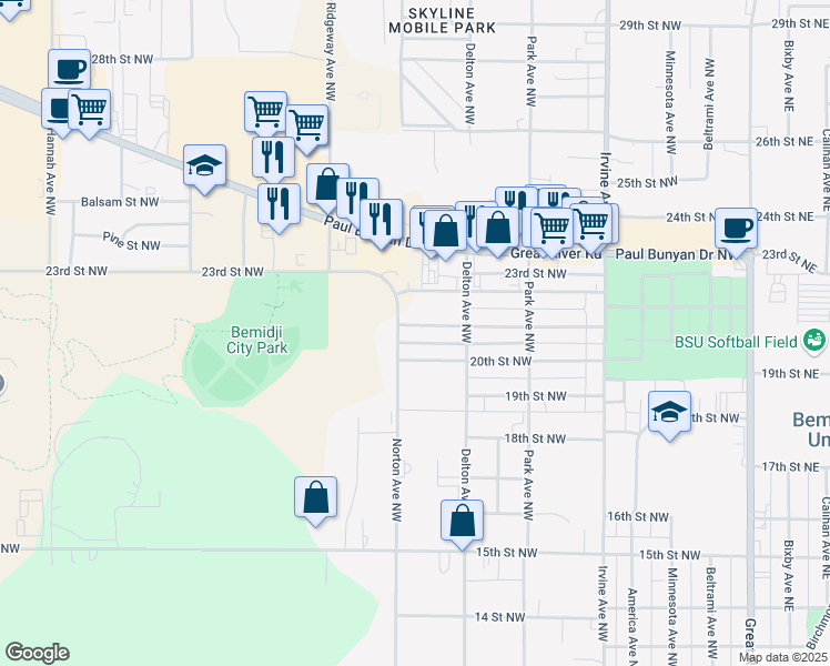 map of restaurants, bars, coffee shops, grocery stores, and more near 947 20th Street Northwest in Bemidji