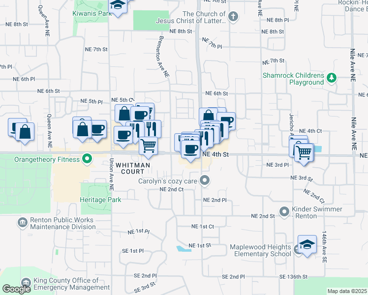 map of restaurants, bars, coffee shops, grocery stores, and more near 4505 Northeast 4th Street in Renton