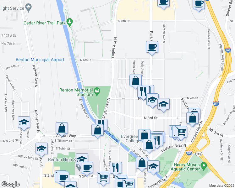 map of restaurants, bars, coffee shops, grocery stores, and more near 410 Burnett Avenue North in Renton