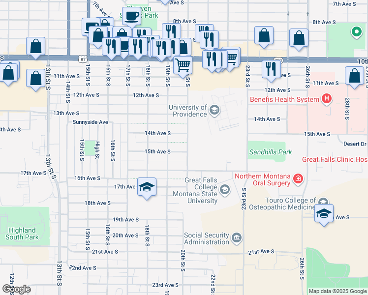 map of restaurants, bars, coffee shops, grocery stores, and more near 1924 15th Avenue South in Great Falls