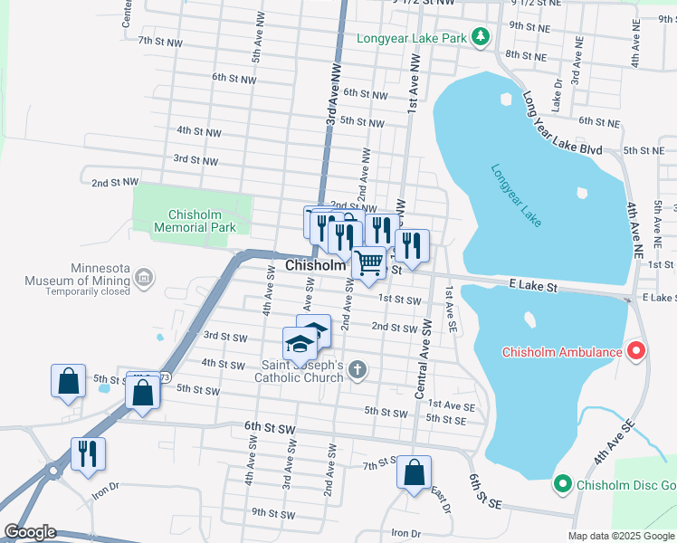 map of restaurants, bars, coffee shops, grocery stores, and more near 212 1st Street Southwest in Chisholm