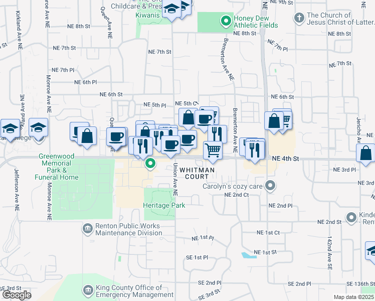 map of restaurants, bars, coffee shops, grocery stores, and more near 4112 Northeast 4th Street in Renton