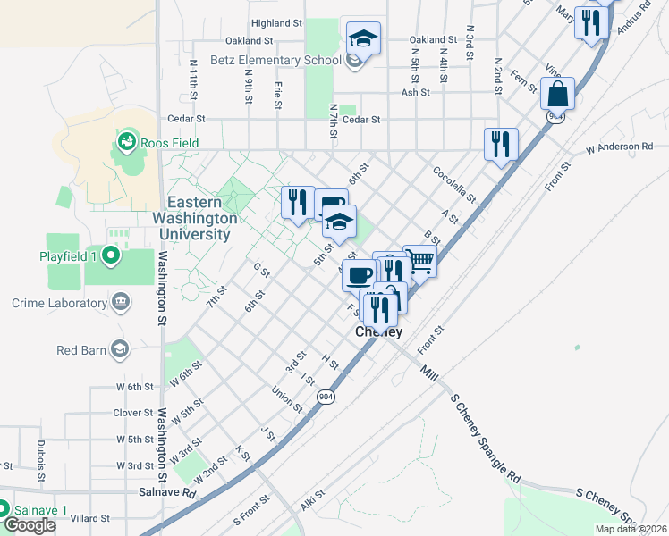 map of restaurants, bars, coffee shops, grocery stores, and more near 306 College Avenue in Cheney