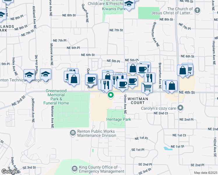 map of restaurants, bars, coffee shops, grocery stores, and more near 3929 Northeast 4th Street in Renton