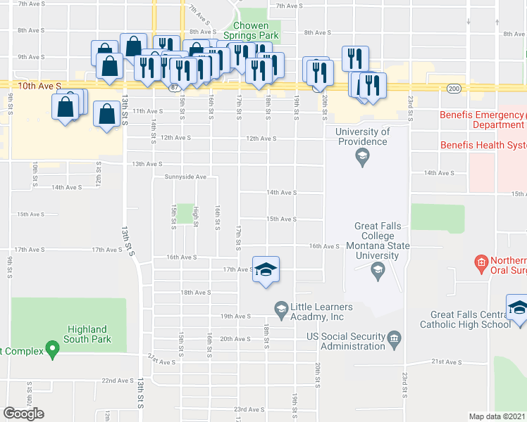 map of restaurants, bars, coffee shops, grocery stores, and more near 1712 15th Avenue South in Great Falls