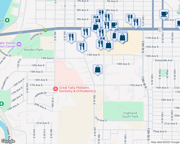 map of restaurants, bars, coffee shops, grocery stores, and more near 1403 7th Street South in Great Falls