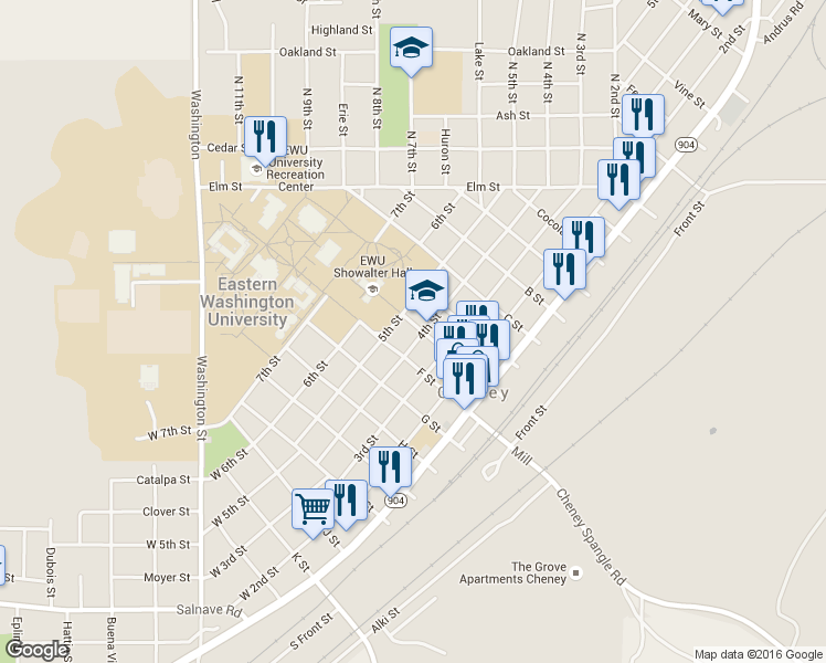 map of restaurants, bars, coffee shops, grocery stores, and more near 306 College Avenue in Cheney