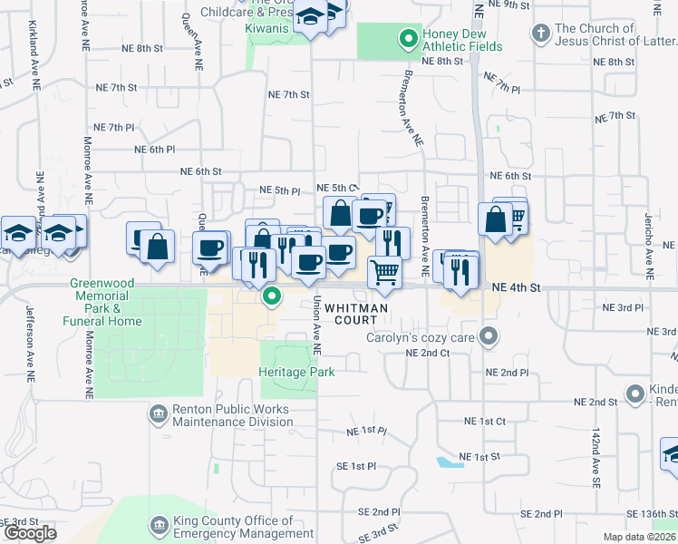 map of restaurants, bars, coffee shops, grocery stores, and more near 4126 Northeast 4th Street in Renton