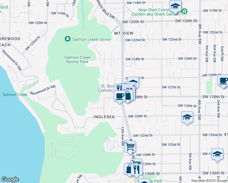 map of restaurants, bars, coffee shops, grocery stores, and more near 12653 Ambaum Boulevard Southwest in Burien