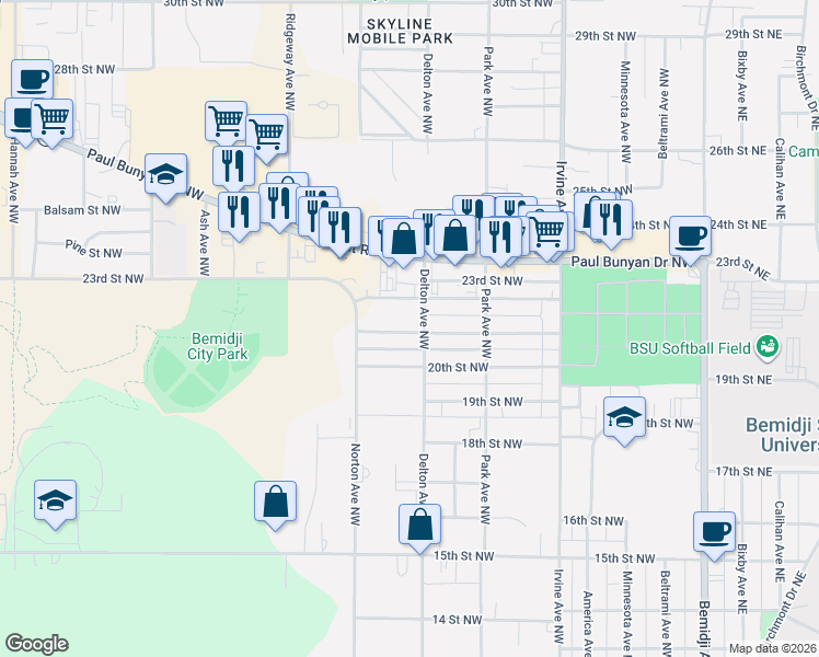 map of restaurants, bars, coffee shops, grocery stores, and more near 808 21st Street Northwest in Bemidji