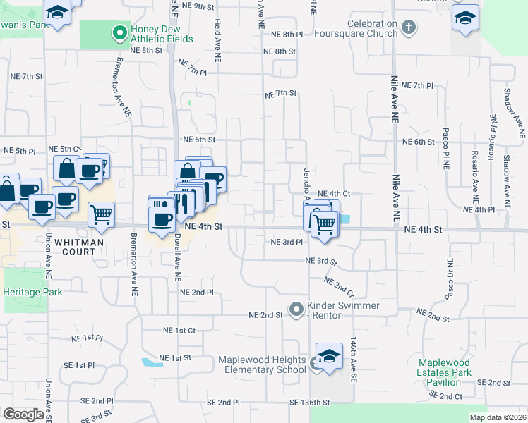 map of restaurants, bars, coffee shops, grocery stores, and more near 10001 Hoquiam Ave NE in Renton