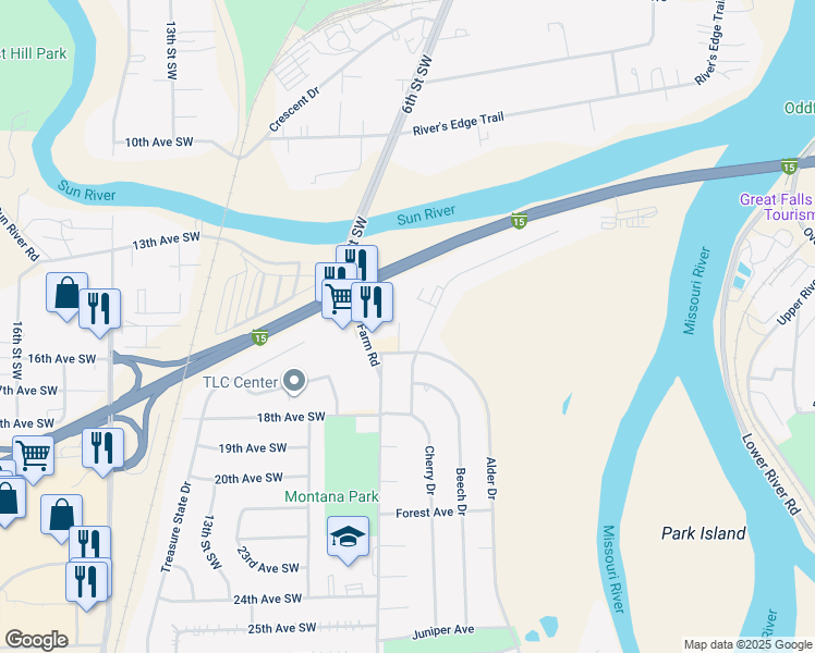 map of restaurants, bars, coffee shops, grocery stores, and more near 1709 Alder Drive in Great Falls