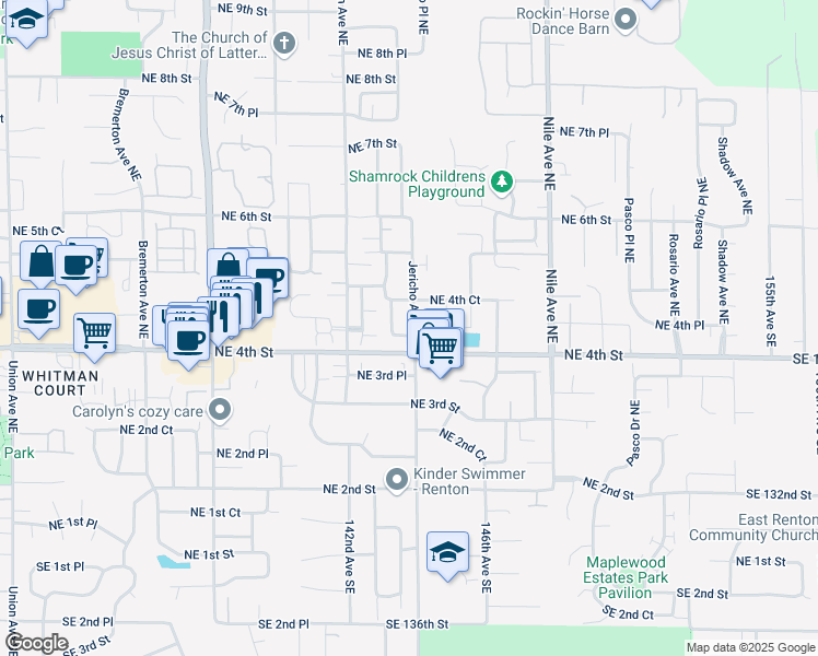 map of restaurants, bars, coffee shops, grocery stores, and more near 5308 Northeast 4th Street in Renton