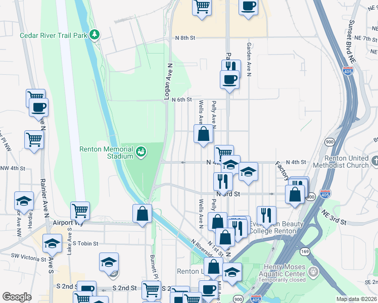 map of restaurants, bars, coffee shops, grocery stores, and more near 817 North 4th Street in Renton