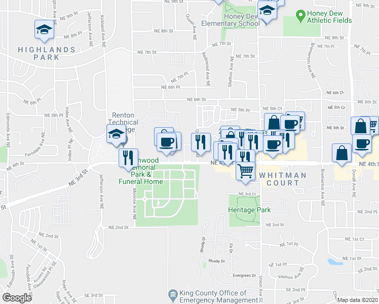 map of restaurants, bars, coffee shops, grocery stores, and more near 3612 Northeast 4th Street in Renton