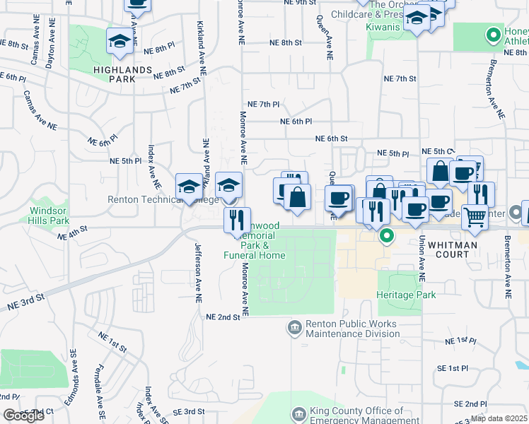 map of restaurants, bars, coffee shops, grocery stores, and more near 408 Northeast 4th Street in Renton