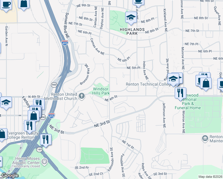 map of restaurants, bars, coffee shops, grocery stores, and more near 401 Edmonds Avenue Northeast in Renton