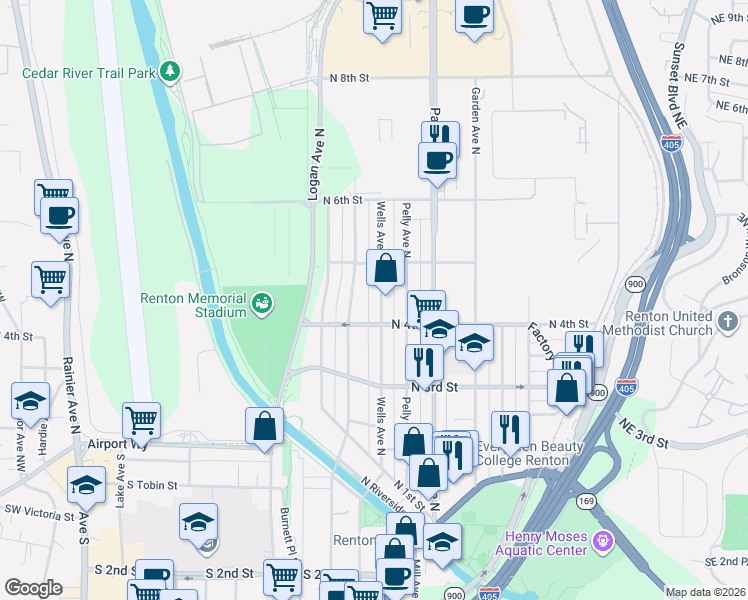 map of restaurants, bars, coffee shops, grocery stores, and more near 817 North 4th Street in Renton