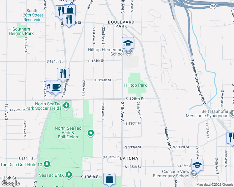 map of restaurants, bars, coffee shops, grocery stores, and more near 12720 Gateway Drive in Seattle