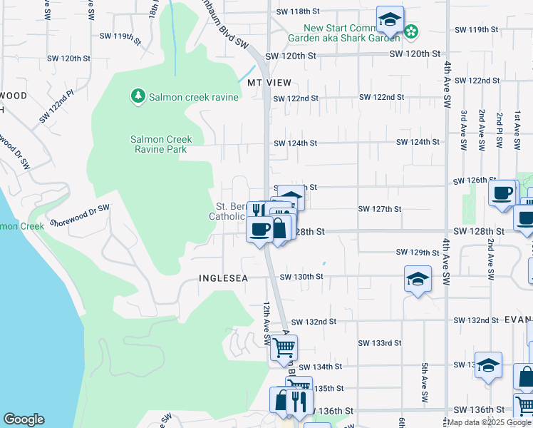 map of restaurants, bars, coffee shops, grocery stores, and more near 12653 Ambaum Boulevard Southwest in Burien