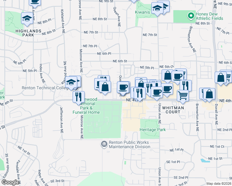 map of restaurants, bars, coffee shops, grocery stores, and more near 3612 Northeast 4th Street in Renton