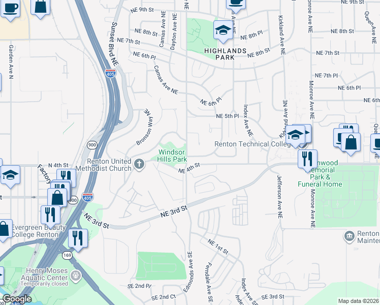 map of restaurants, bars, coffee shops, grocery stores, and more near 401 Edmonds Avenue Northeast in Renton