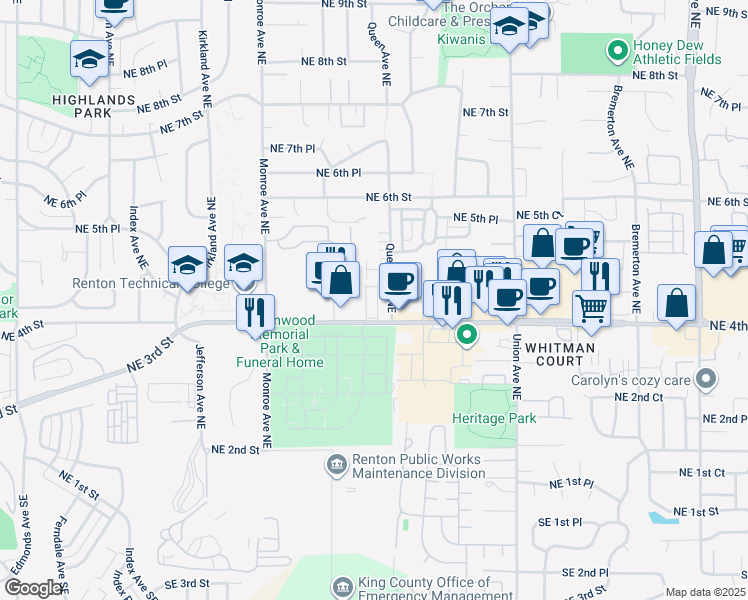 map of restaurants, bars, coffee shops, grocery stores, and more near 3612 Northeast 4th Street in Renton