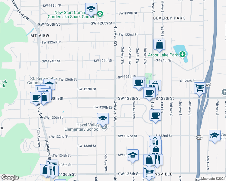 map of restaurants, bars, coffee shops, grocery stores, and more near 12639 4th Avenue Southwest in Seattle