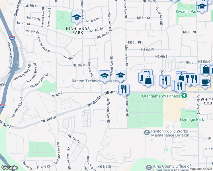 map of restaurants, bars, coffee shops, grocery stores, and more near 3000 Northeast 4th Street in Renton